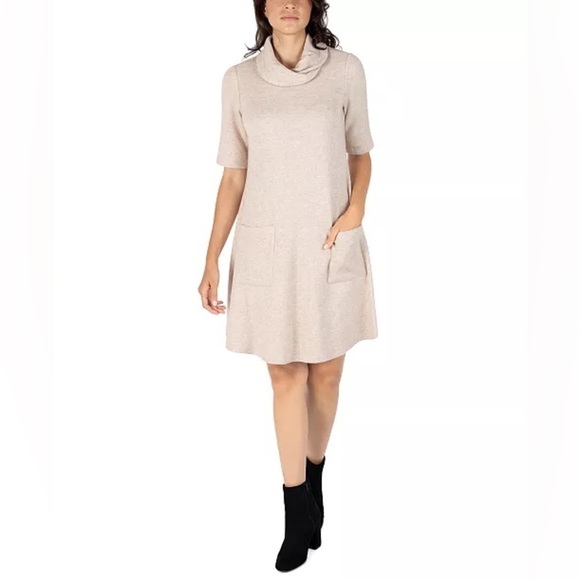 ROBBIE BEE Cream Blend Short Sleeve Cowl Neck Sweater A-LineDress, Sz Medium,GUC - Picture 10 of 10